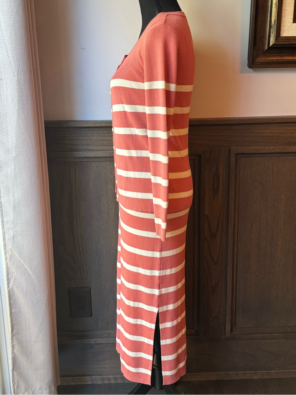 Time and Tru Coral and Cream Striped Knit Maxi Dress with Cardigan small Euc - Picture 3 of 10